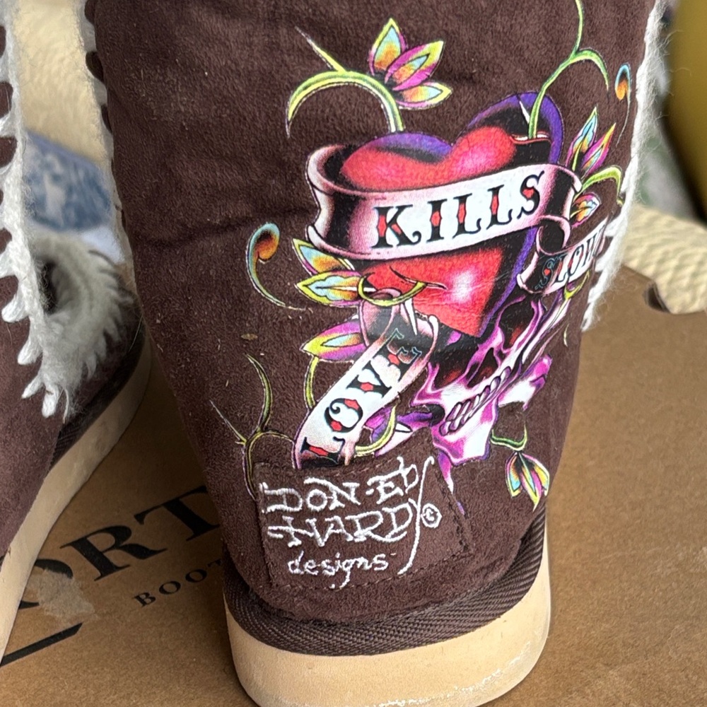Ed Hardy Dark Brown Boots with Colorful Tattoo Art - Picture 8 of 10